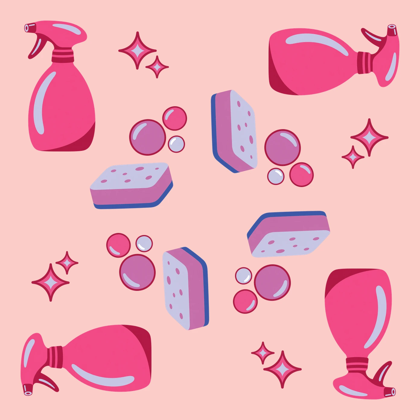 Pattern of spray bottles, sponges, bubbles and sparkles turning around the centre