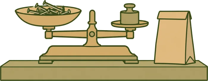 A brass shop scale with loose nails and a paper bag