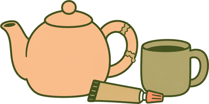 A mended teapot, a mug of tea and a tube of glue