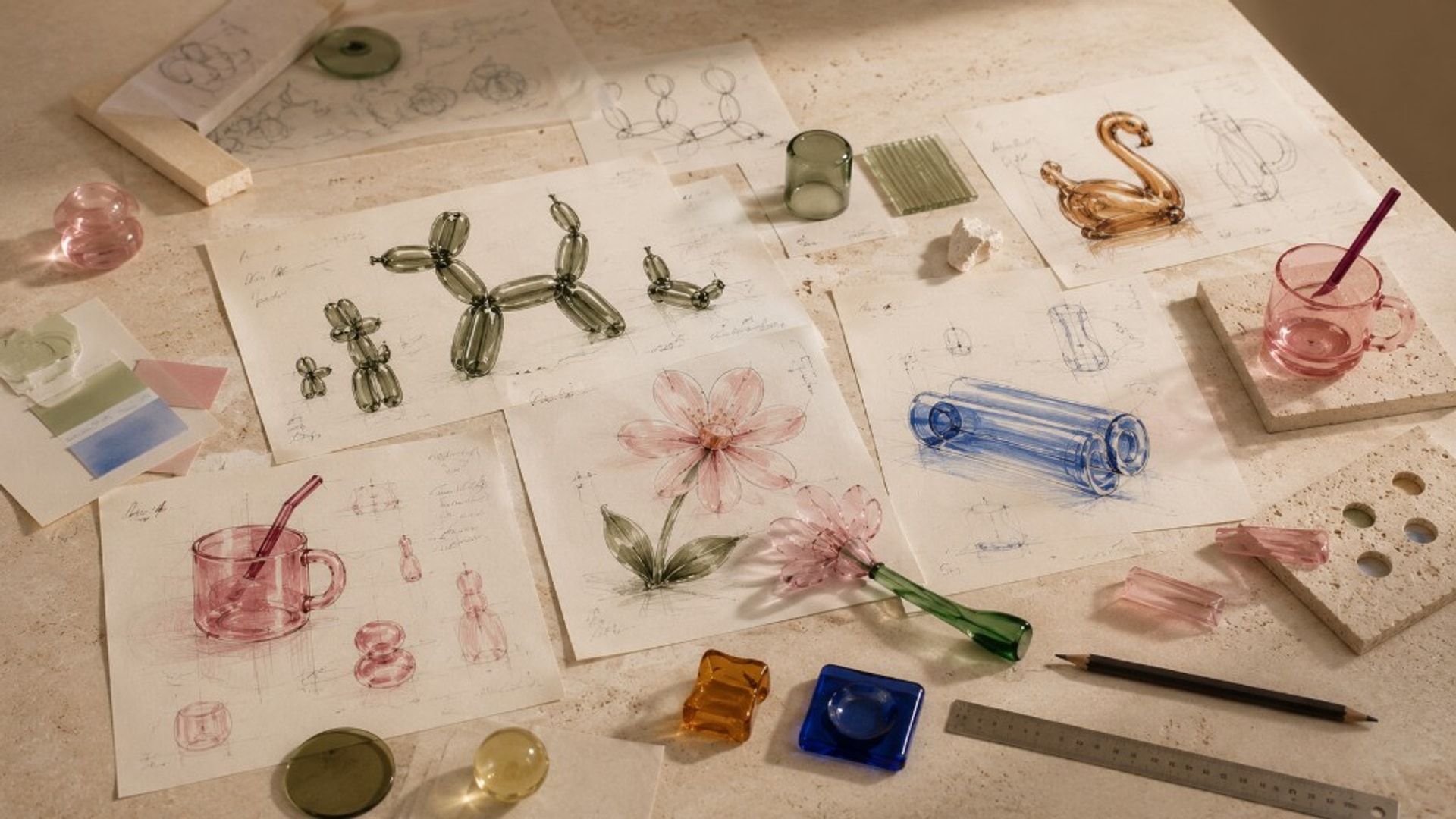 Design sketches and glass prototypes on stone during the UF Labs design stage