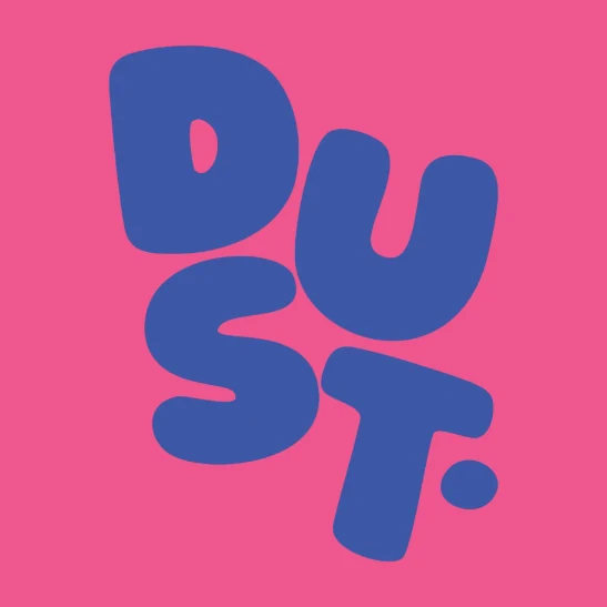 Flat cobalt Dust wordmark on bubblegum