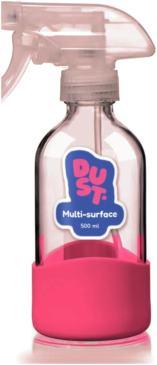 Dust Multi-surface spray in a glass bottle with a bubblegum sleeve