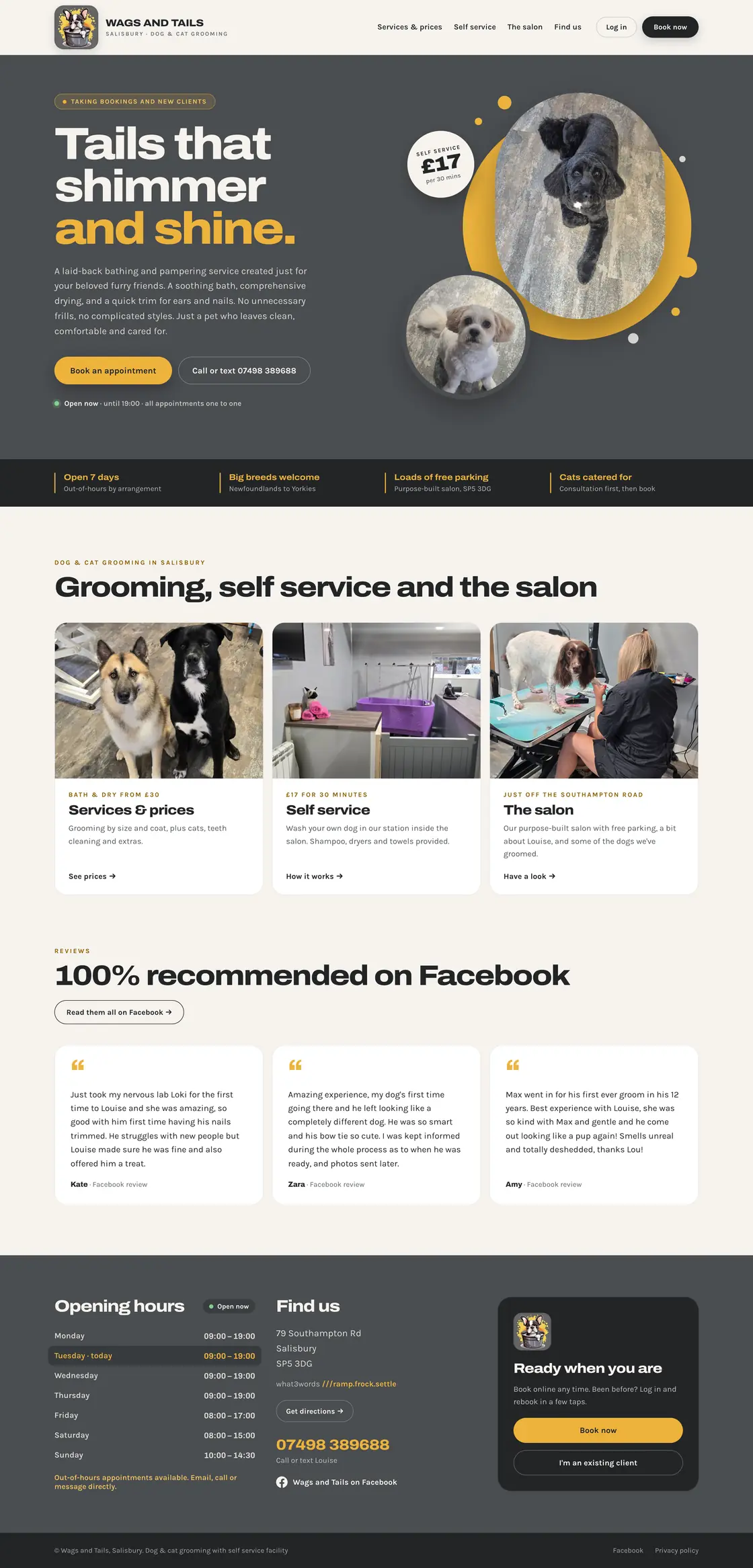 Wags and Tails, from the Tails that shimmer and shine hero down through grooming, self service and the salon, and her Facebook reviews
