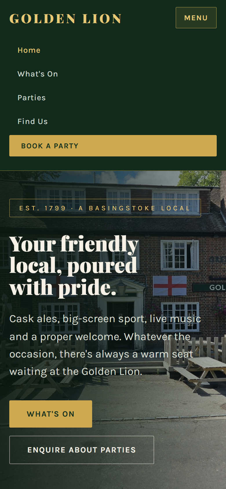 The Golden Lion homepage on mobile