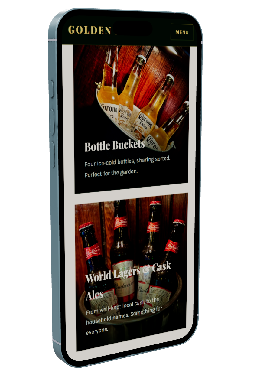 The Golden Lion drinks menu on mobile