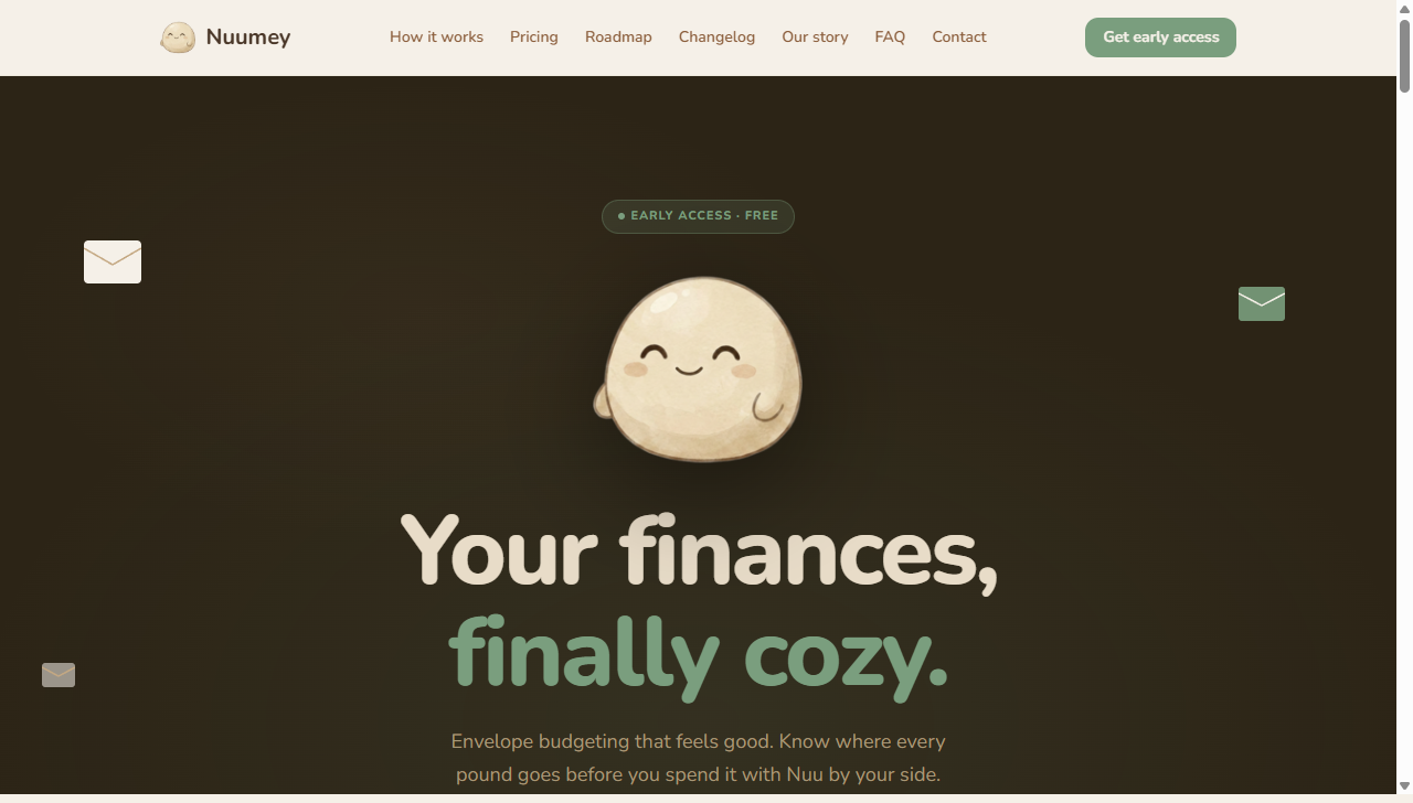 Nuumey marketing homepage with product positioning and app preview