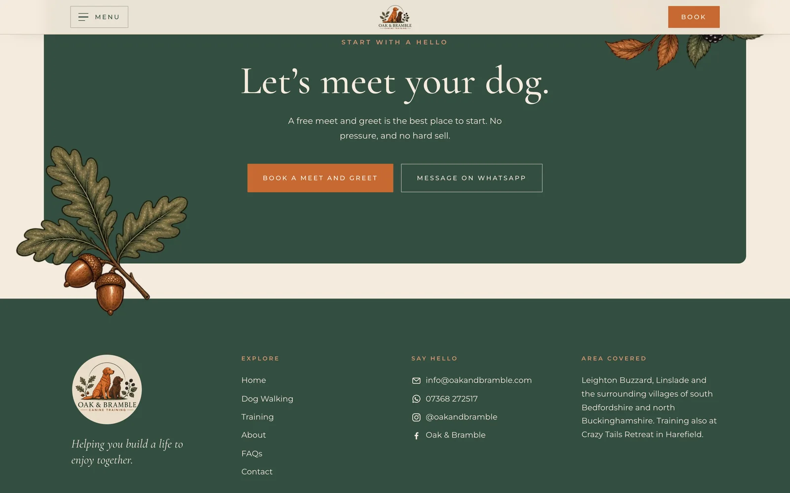 The Let's meet your dog band, deep green with oak and acorn illustrations, with Book a meet and greet and Message on WhatsApp buttons