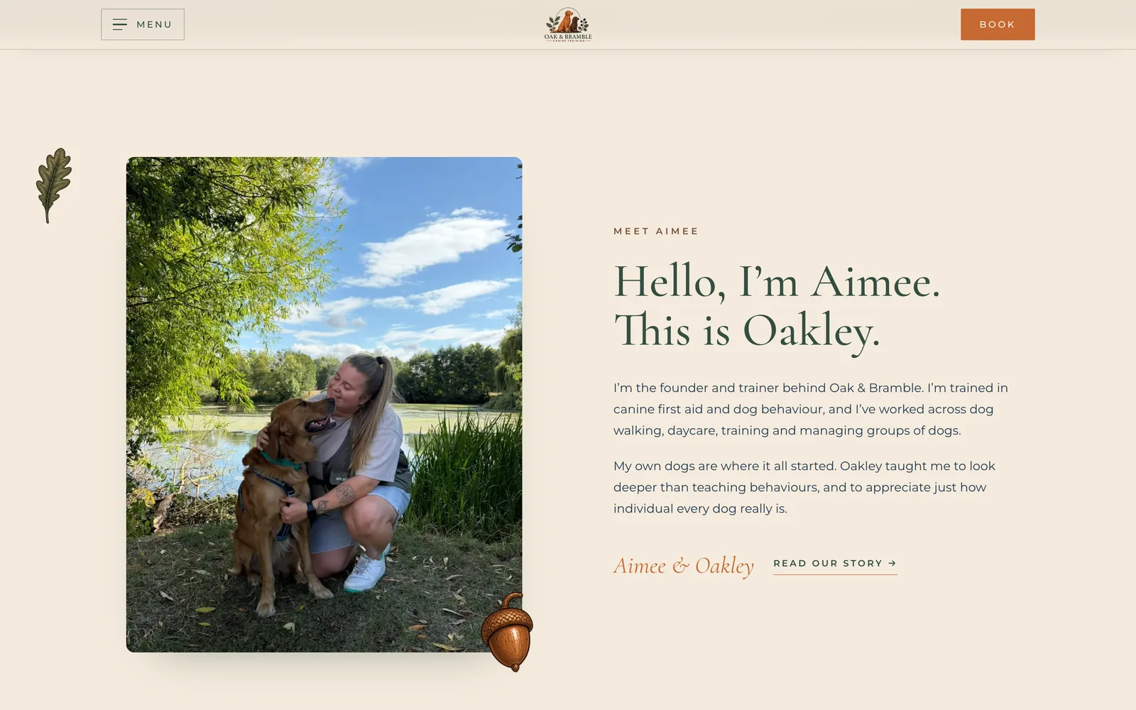Aimee crouched beside Oakley at a lake, next to the heading Hello, I'm Aimee. This is Oakley.