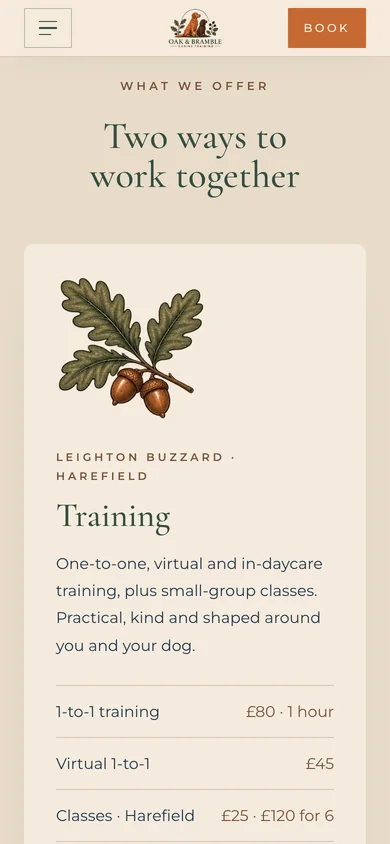 The Training card on a phone, with an oak sprig illustration and prices for one-to-one, virtual and group sessions