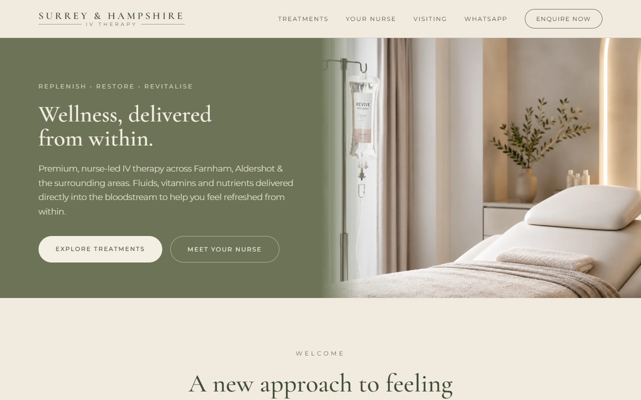 Surrey and Hampshire IV Therapy homepage with wellness hero photography, treatment call to action, and sage green brand palette