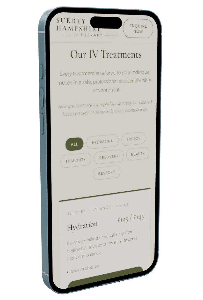 Surrey and Hampshire IV Therapy treatment menu on mobile