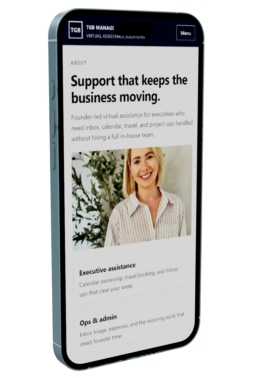 TGB Management Services about page on mobile