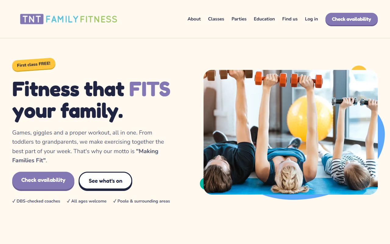 TNT Family Fitness homepage with family hero photography, class cards, and check availability call to action