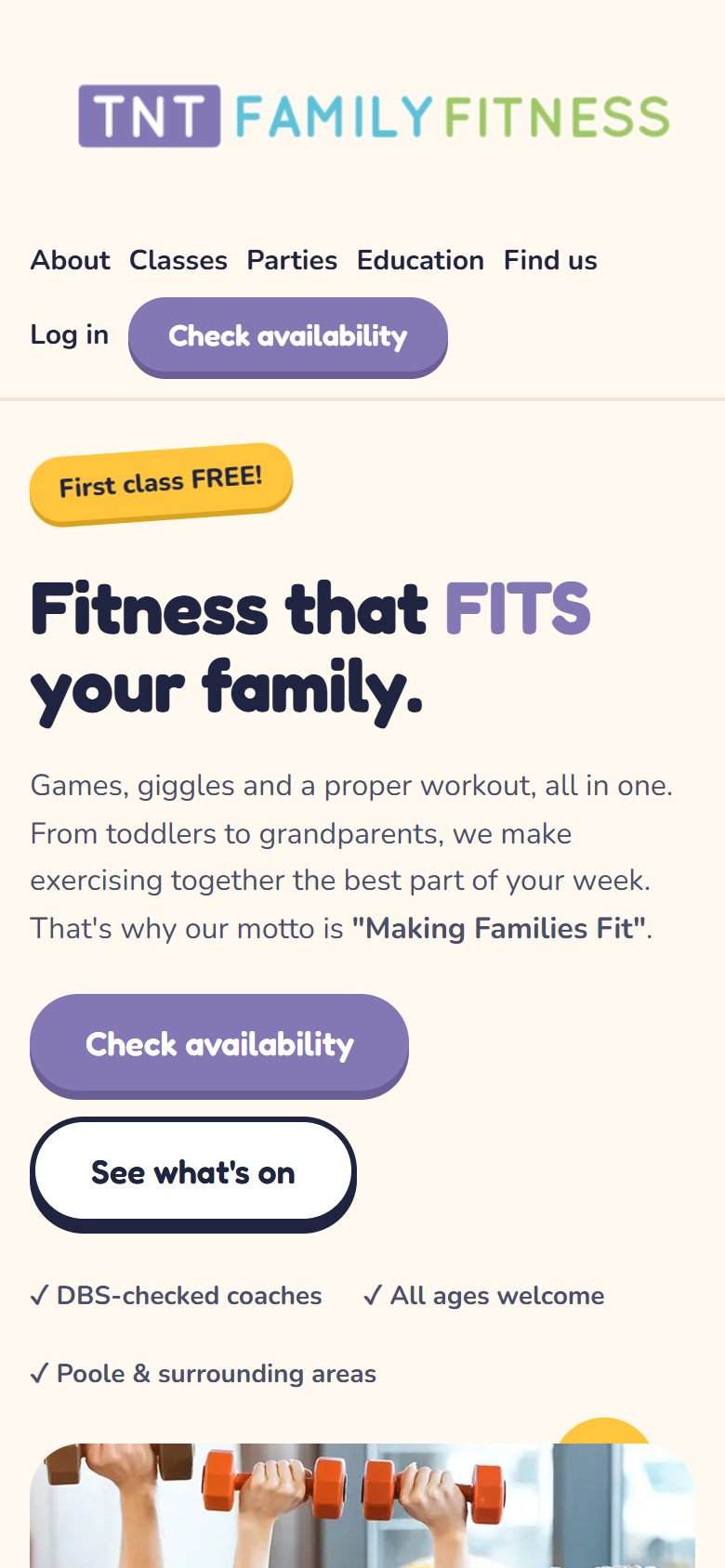 TNT Family Fitness homepage on a mobile viewport