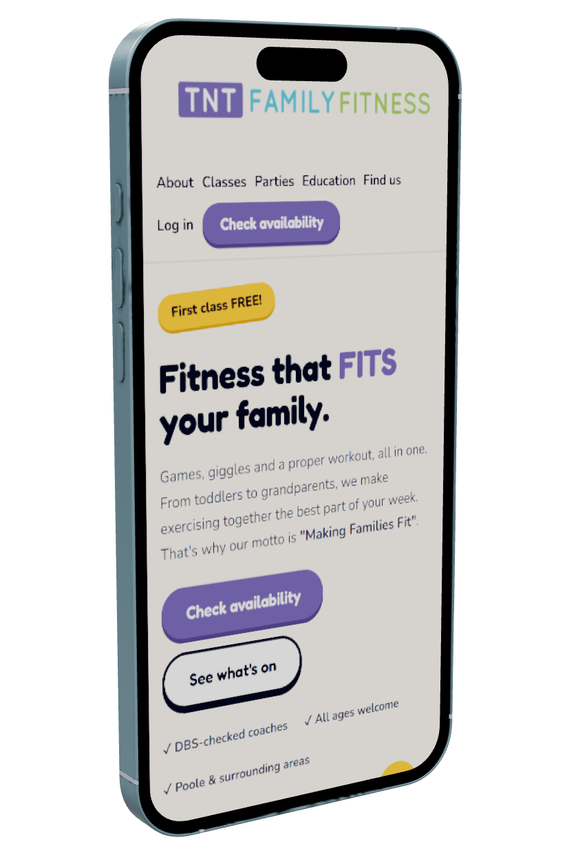 TNT Family Fitness homepage on mobile