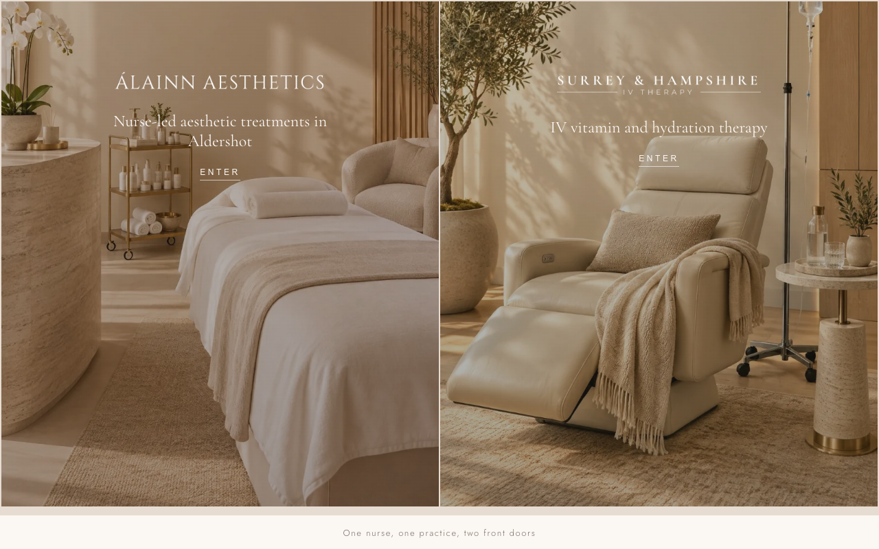 The shared front door, split down the middle: Álainn Aesthetics with a treatment room photograph on the left, Surrey & Hampshire IV Therapy with a treatment chair on the right, each with an Enter link, above a line reading One nurse, one practice, two front doors