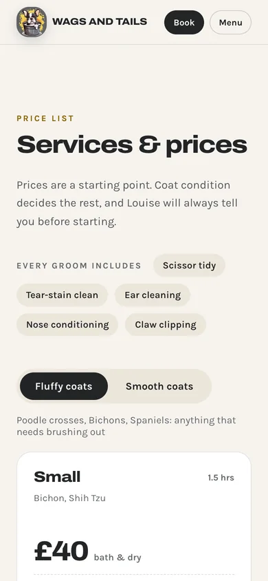 The price list on a phone, with what every groom includes and the fluffy and smooth coat switch